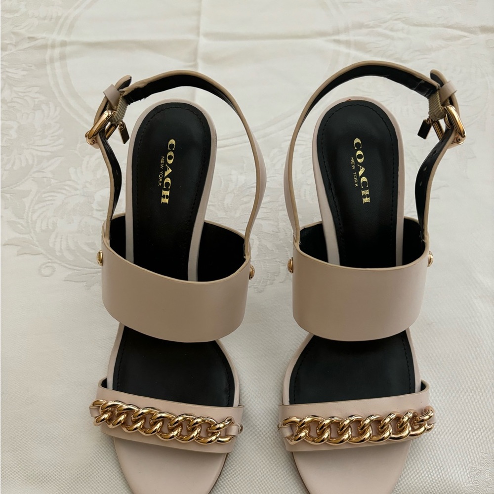Coach, off white, size 9B sandals, 4 inch heels, excellent preowned condition